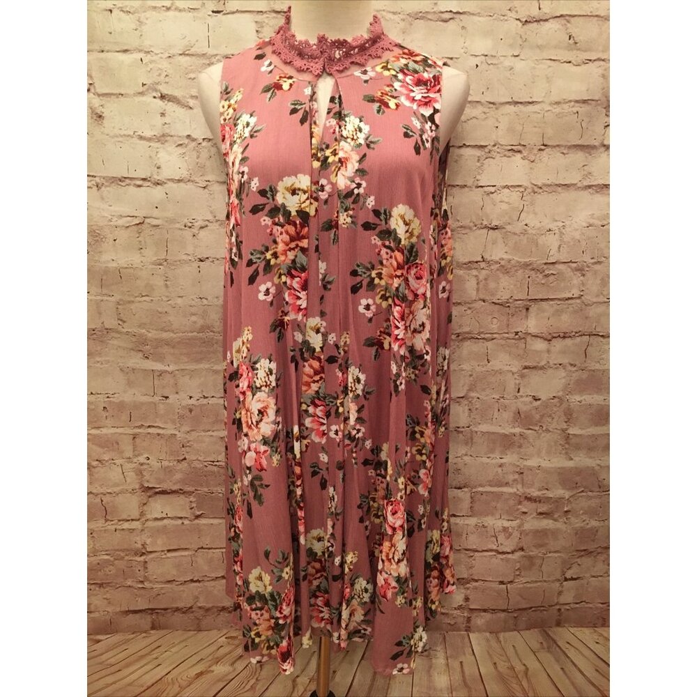 UMGEE Womens S Mauve Pink Floral Sleeveless Swing Tunic Dress Lace Collar NEW